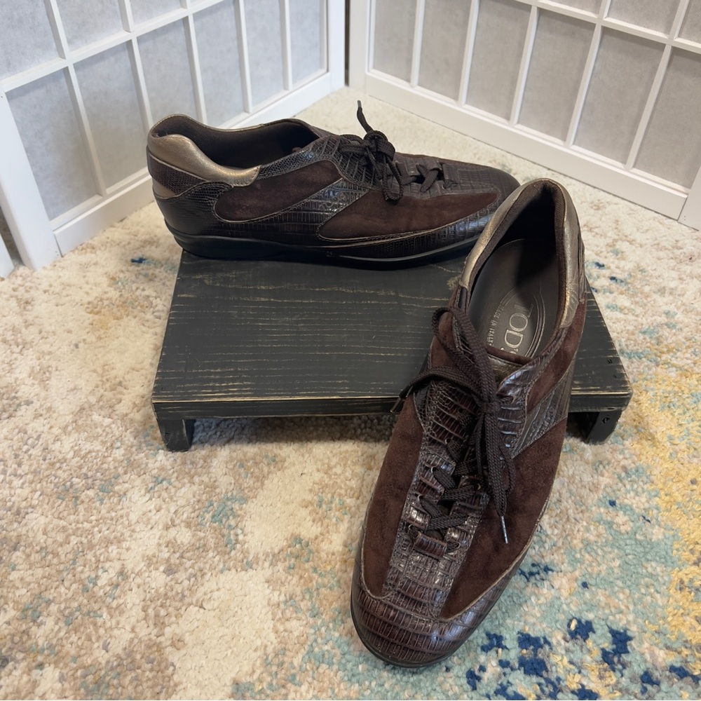 TOD’s Suede Leather Driving Shoes Sneakers Chocolate Brown Gold EU 40/9.5 Y2K